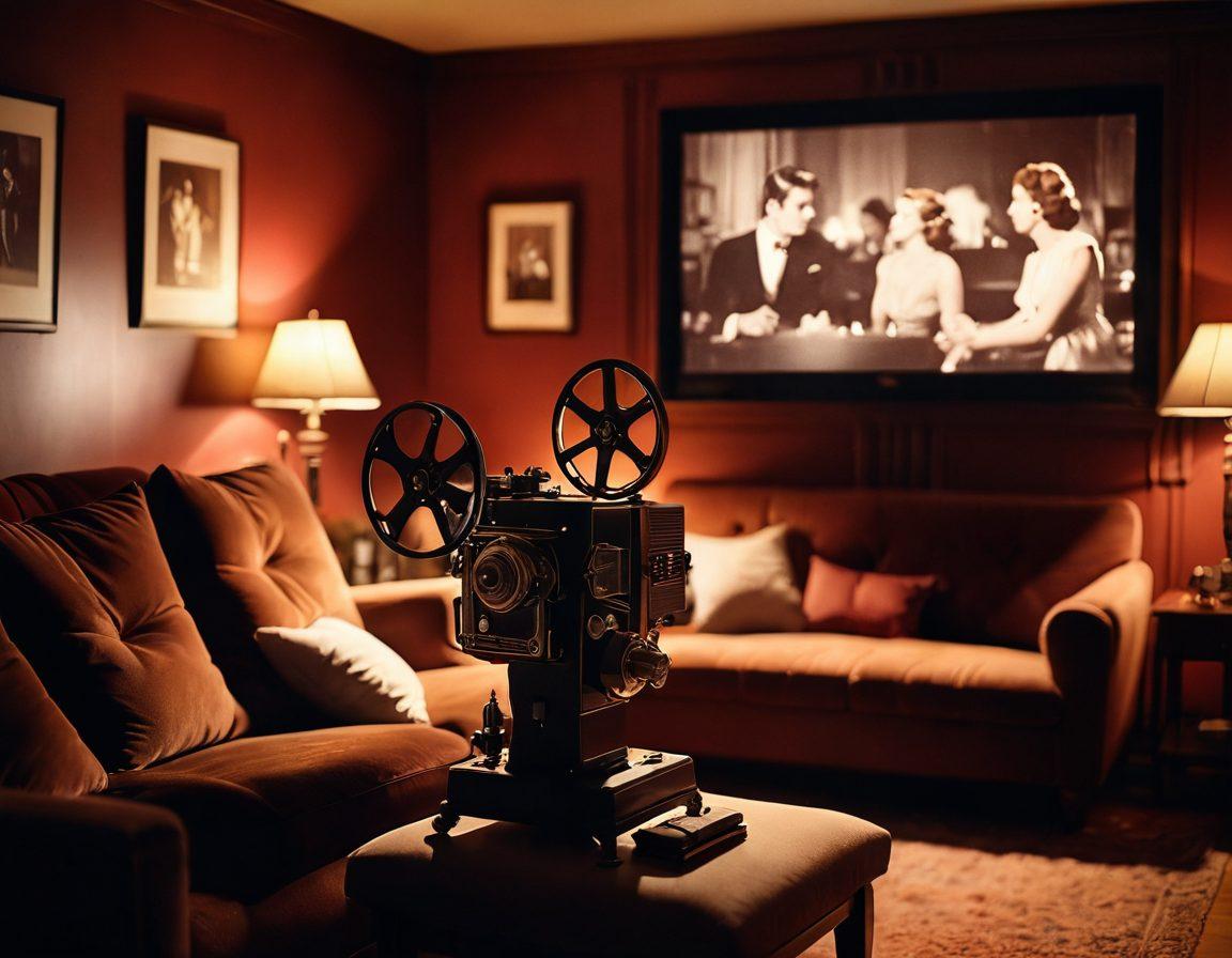 A cinematic scene featuring a vintage film projector casting warm light onto a cozy, intimate space filled with plush seating and soft pillows. In the foreground, shimmering silhouettes of passionate couples in various affectionate poses. The background is blurred, showcasing a classic movie poster with sensual themes. Gentle reds and deep blacks create an alluring atmosphere. super-realistic. warm tones. soft focus.