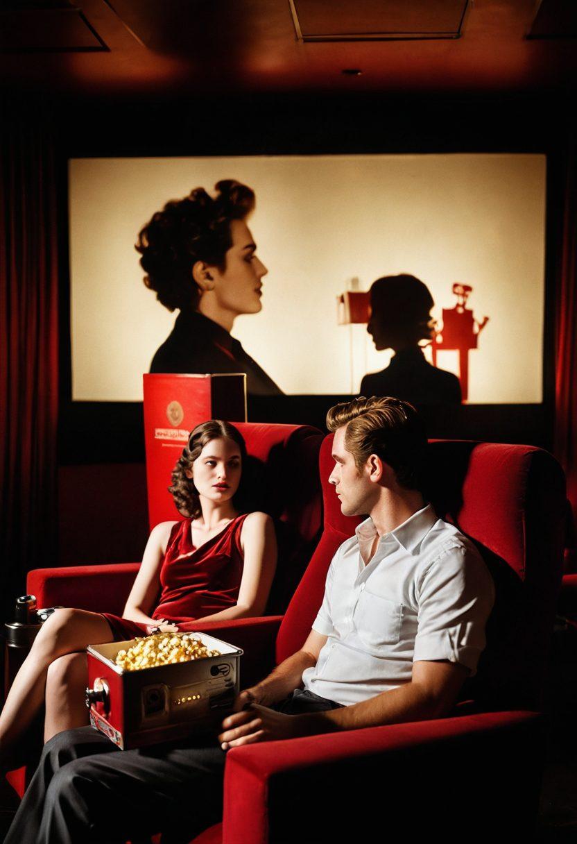 A dimly lit cinema with a plush red velvet interior, featuring a vintage projector casting a soft, warm glow. Intimate scenes playing on the screen, highlighting themes of desire and intimacy. Silhouettes of couples immersed in a shared moment of connection, with a subtle hint of explicitness. Aroma of popcorn fills the air, evoking nostalgia and engagement with the film. cinematic style. warm tones. soft focus.