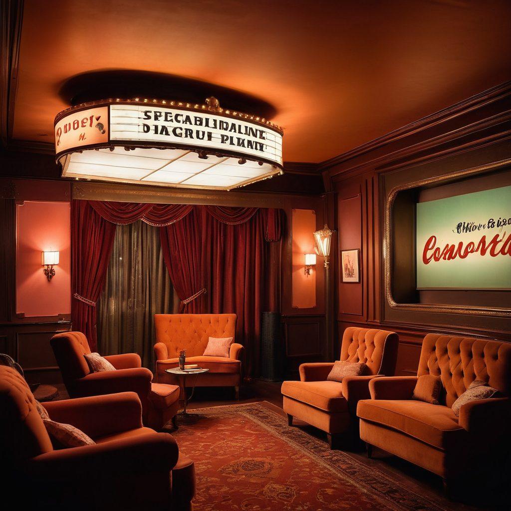 A deliciously vibrant and romantic scene depicting an old-fashioned cinema with a vintage marquee displaying 'Pleasure Films'. Inside, silhouettes of couples viewing classic romantic films, surrounded by cozy, plush seating, and soft glowing lights. The atmosphere should evoke nostalgia blended with sensuality, showcasing film reels and hearts floating in the air. Create a sense of allure and elegance. vintage cinema style. vibrant colors. soft focus.